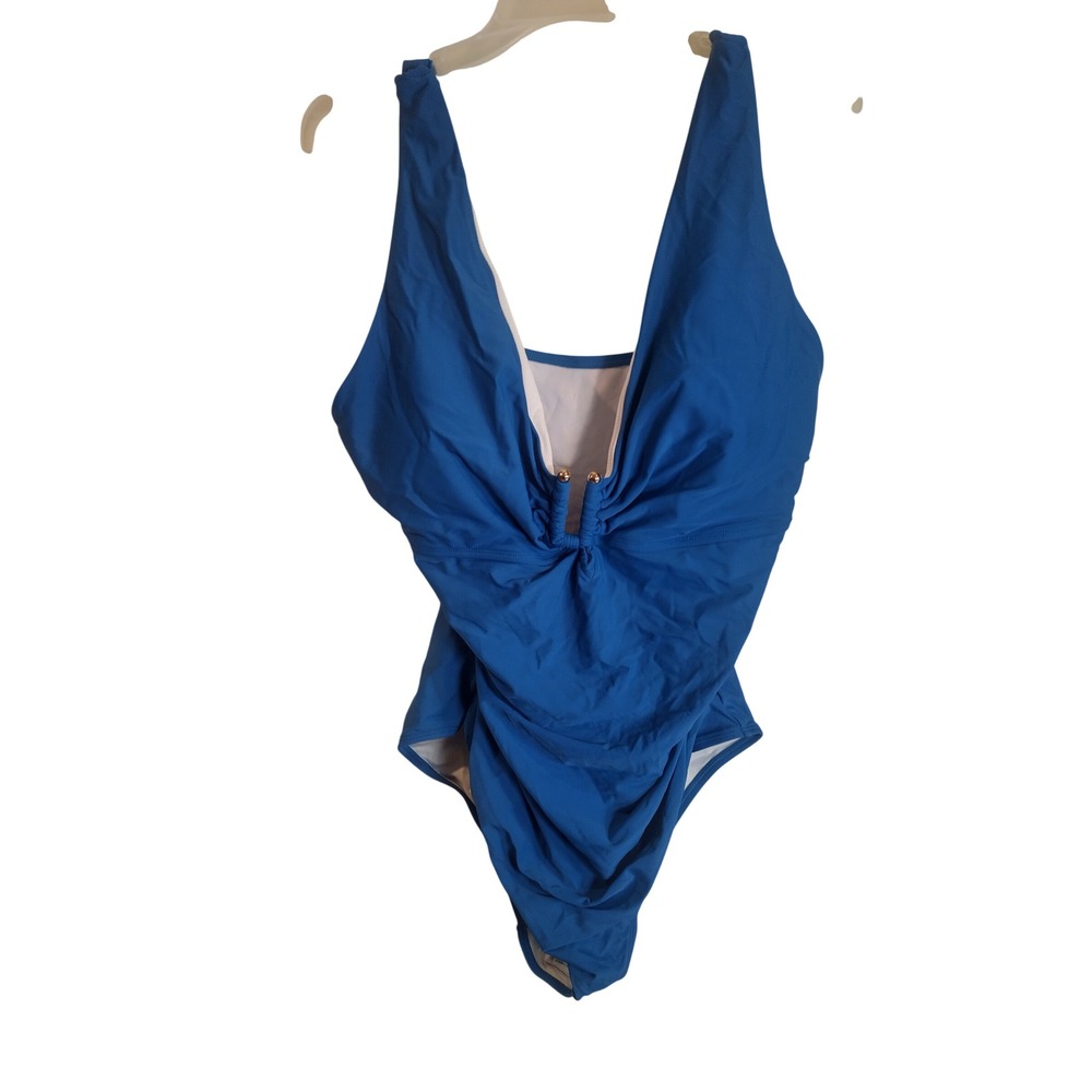 B2PRITY Blue One Piece Swimsuit Tummy Control Plunge Neck Gold Detail 2XL NWT